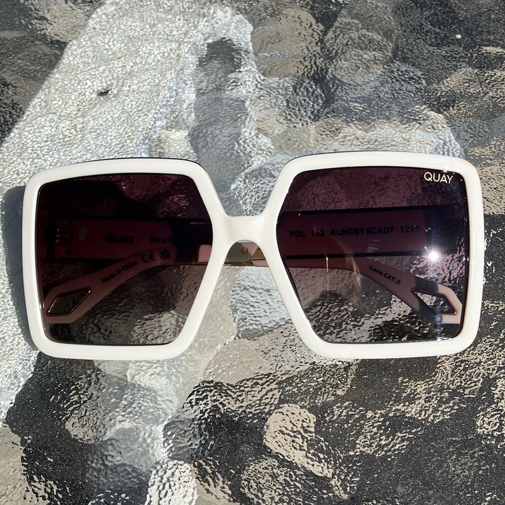 Quay Australia Oversized Square Sunglasses in Ivory frame/ Brown Gradient Lenses - Picture 9 of 10